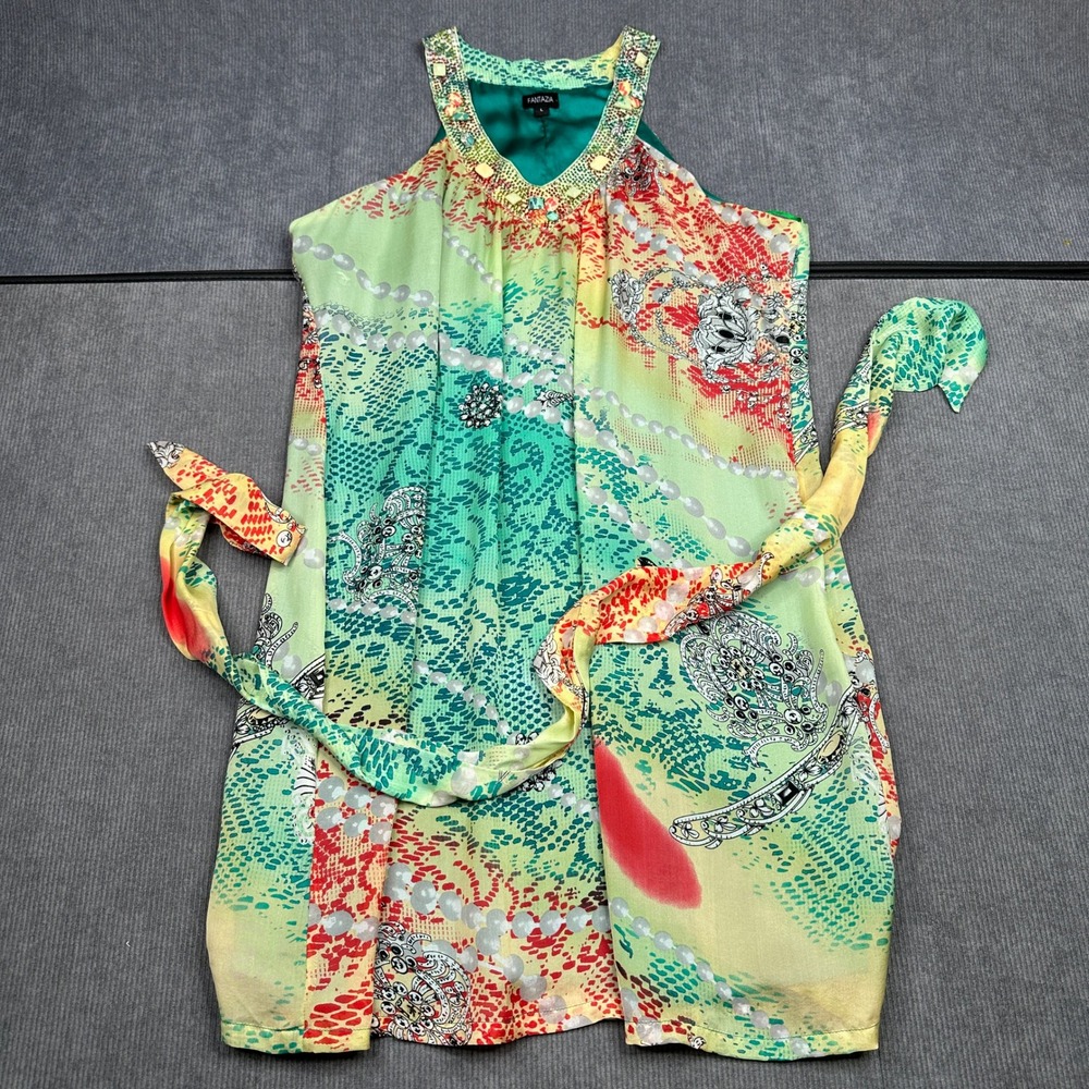 Green Multi Color Abstract Print Beaded Halter Neck Dress Y2k Fantazia Women